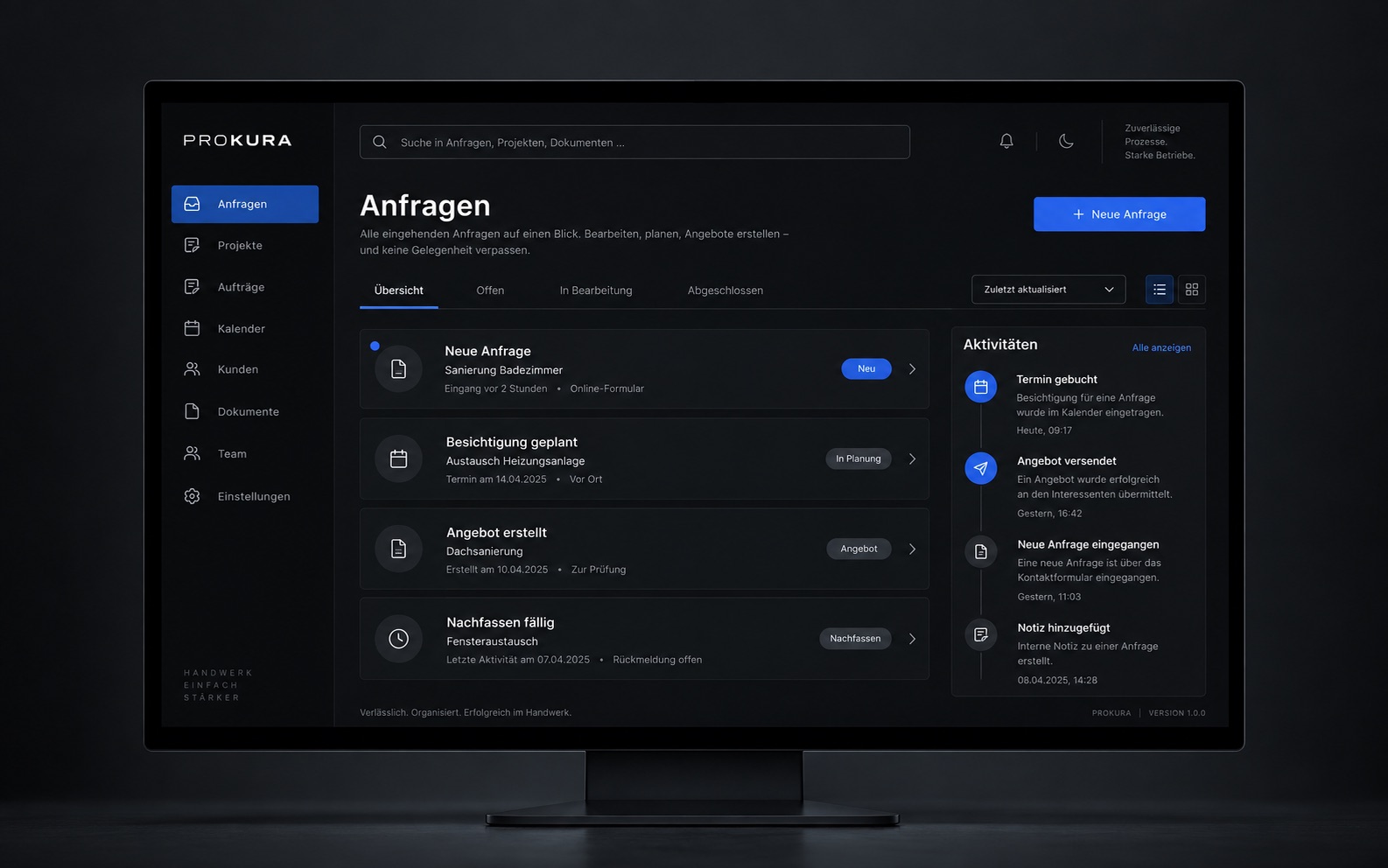 Prokura Software für Anfragen, Angebote und Termine in einem Handwerksbetrieb